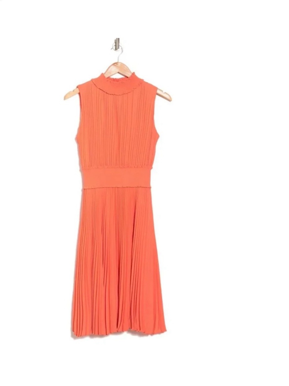 Pleated High Neck Midi Dress Orange Coral Sleeveless Smocked Waist Flowy